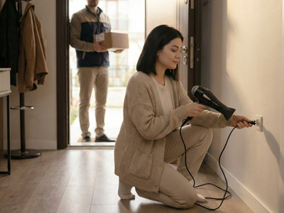 Kapıda fön makinesi deneyen kadın