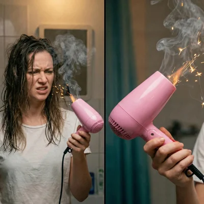 Bozuk saç kurutma makinesi ile sinirli kadın